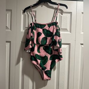 Pink/green leaf one piece swimsuit